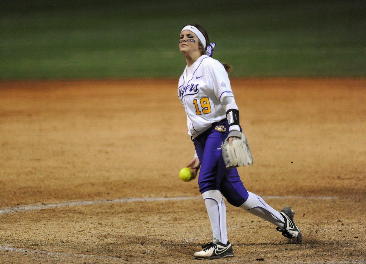 LSU freshman pitcher Baylee Corbello (18) winds up Saturday, Feb. 8, 2014 during the Tigers' 1-0 win against Oklahoma State in Tiger Park.