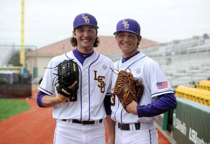 LSU junior left handed pitcher Zac Person (49) junior right handed pitcher Brady Domangue (13)