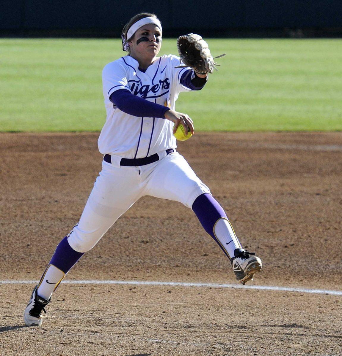 LSU freshman pitcher Baylee Corbello (18) winds up Saturday, Feb. 15, 2014 during the Tigers' 1-2 loss to South Alabama in Tiger Park.