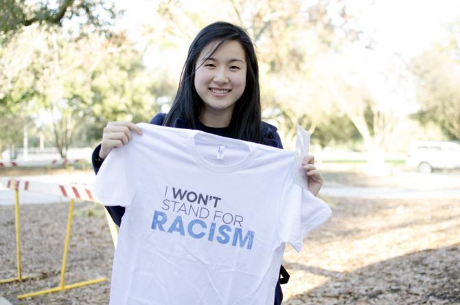 Darchelle Nguyen, a Freshman at LSU for Mechanical Engineering, has "Racism" stamped on her "I Won't Stand For..." shirt for USA's Character Unite Month.