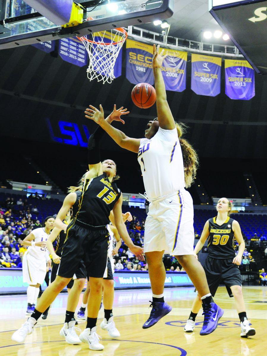 LSU sophomore center Derreyal Youngblood (1) attempts a shot Thursday, Feb. 6, 2014 against Missouri at the PMAC.