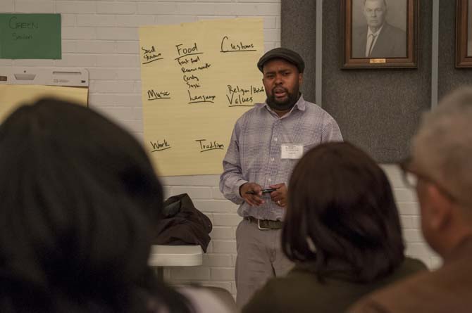 Donny Rose, a Forward Arts member, talks to a group about adultism Saturday, Feb. 8, 2014 at the Plumbers and Pipe Fitters Union Hall on Airline Highway.