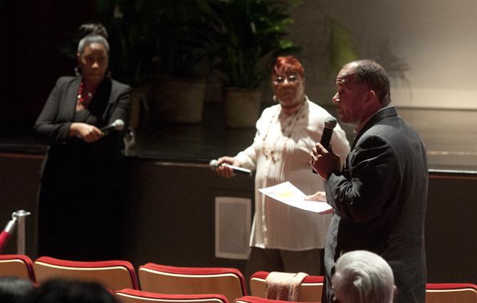 Elm Groove Baptist Church pastor Errol K. Domingue voices his concerns Saturday, Feb. 22, 2013 during the Louisiana Black Caucus Town Hall meeting in the Baton Rouge Community College's Magnolia Performing Arts Pavilion Theatre.