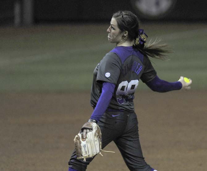 LSU senior pitcher Ashley Czechner bolts one into the strike zone Monday, Feb. 17, 2014 during their 6-5 loss to Penn State University at Tiger Park.