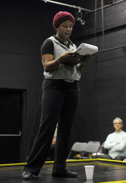 Tarnishia Russell takes the stage during rehearsal for Sojourn Theatre&#8217;s &#8220;How to End Poverty in 60 Minutes&#8221; on Wednesday evening, Feb. 19, 2014 in the HopKins Black Box Theatre at 137 Coates Hall.