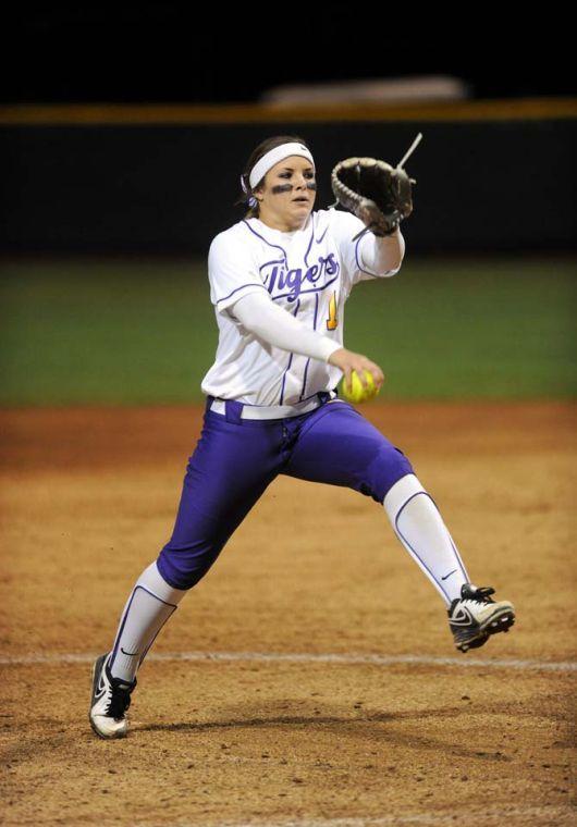 LSU freshman pitcher Baylee Corbello (18) winds up Saturday, Feb. 8, 2014 during the Tigers' 1-0 win against Oklahoma State in Tiger Park.