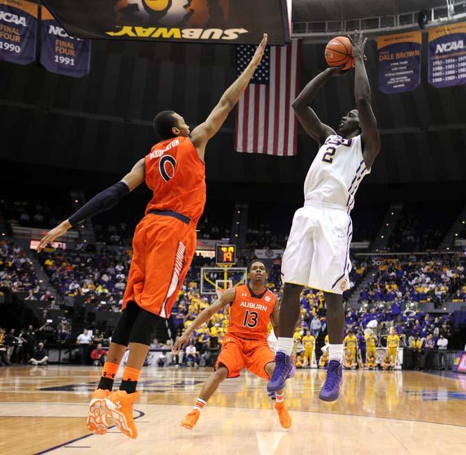 LSU junior forward Johnny O'Bryant III shoots a field goal Saturday, Feb. 8, 2013 during the Tigers' 87-80 victory against the Auburn Tigers in the PMAC.