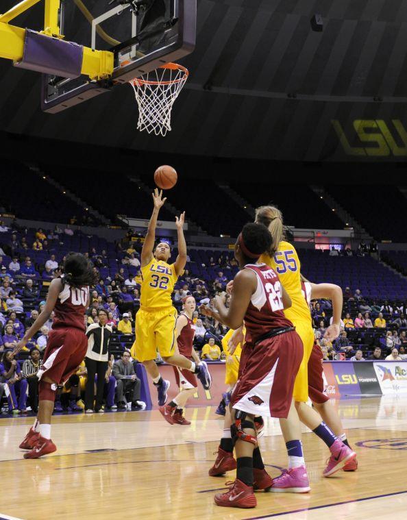 LSU sophomore guard Danielle Ballard (32) shoots the ball Sunday, Feb. 23, 2014 during the Tigers' 57-53 loss against the Razorbacks in the Pete Maravich Assembly Center.