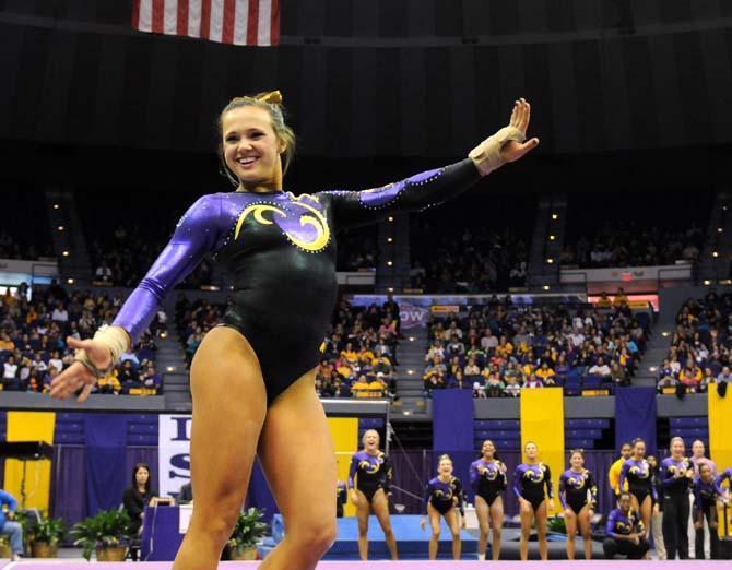 LSU freshman all-around gymnast Ashleigh Gnat performs her floor routine Friday, Jan. 31, 2014 during the Tigers' 197.650-196.825 victory against Alabama at the PMAC.