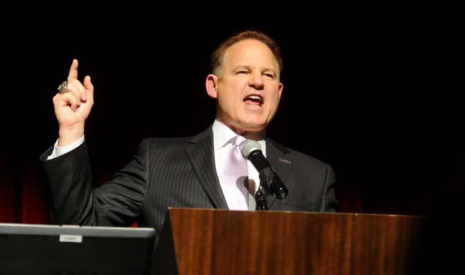 LSU head football coach Les Miles speaks to reporters Wednesday, Feb. 5, 2014 at Bayou Bash in L'Auberge Casino.