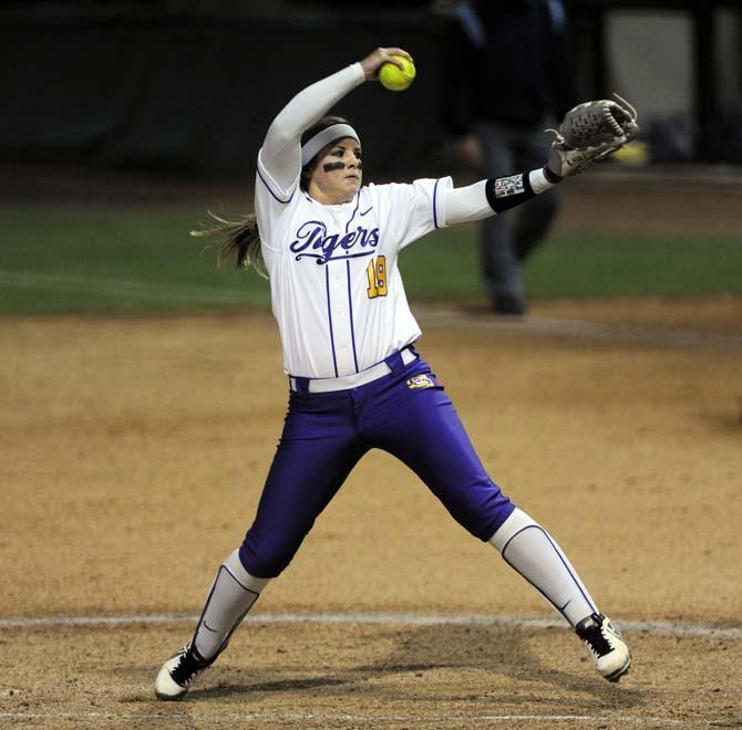 LSU freshman pitcher Baylee Corbello (18) winds up Saturday, Feb. 8, 2014 during the Tigers' 1-0 win against Oklahoma State in Tiger Park.