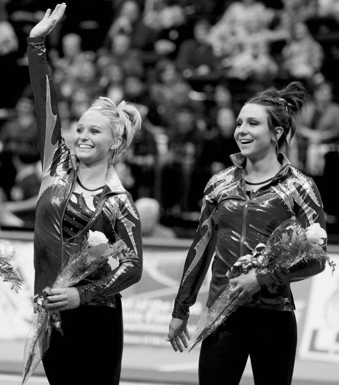 LSU defeated Auburn 195.025 to 193.800 during the gymnastics meet Friday in the Pete Maravich Assembly Center and swept the all-around awards with Freshmen Lloimincia Hall (left), Jesse Jordan (middle) and Rheagan Courville (right) receiving 39.200, 39.025 and 38.925, respectively.