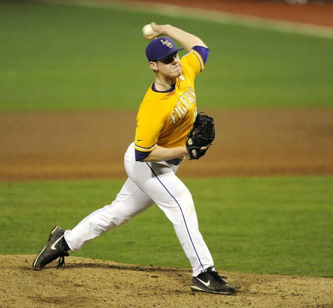 LSU freshman pitcher Jared Poche' (16) throws Sunday, Feb. 23, 2014 during the Tigers' 4-1 win against Texas Southern in Alex Box Stadium.