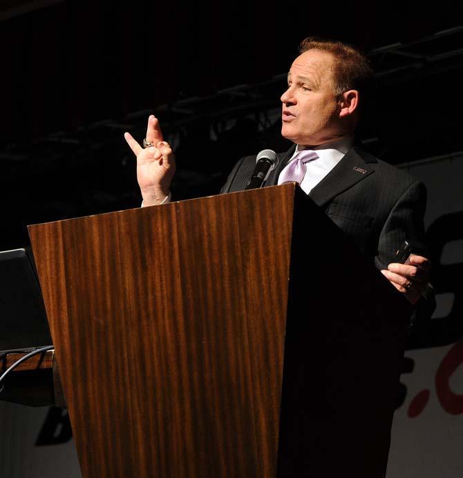 LSU head football coach Les Miles speaks to reporters Wednesday, Feb. 5, 2014 at Bayou Bash in L'Auberge Casino.