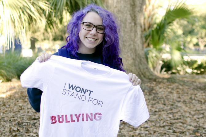 LSU Freshman Katie Gaffrey, a Mass Communication major, gets "Bullying" stamped on her "I Won't Stand For..." T-Shirt from USA's Character Unite Month.