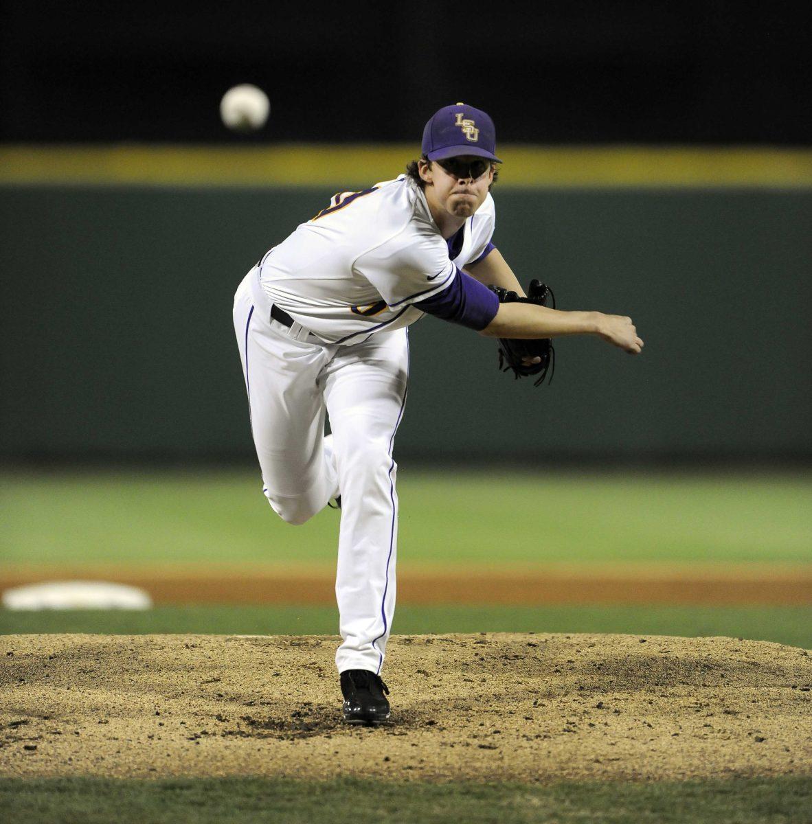 LSU junior pitcher Aaron Nola (10) throws between innings Friday, Feb. 14, 2014 during the Tigers' season-opening, 2-0 win against UNO in Alex Box Stadium.