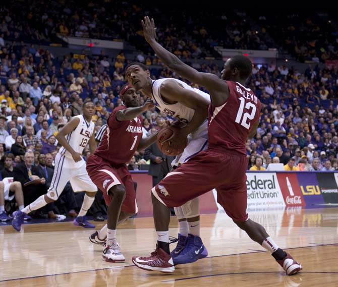 LSU freshman forward Jordan Mickey (25) looks toward the basket Saturday, Feb. 2, 2014, during the Tigers' 99-74 victory against Arkansas in the PMAC.