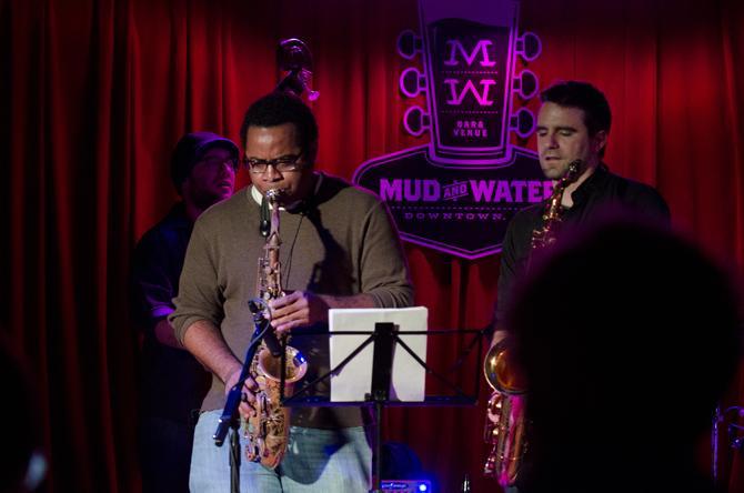 Brad Webb's Making Faces' Reagan Mitchell, alto sax, and Brad Walker, tenor sax, as they performed Thursday night at Mud and Water.