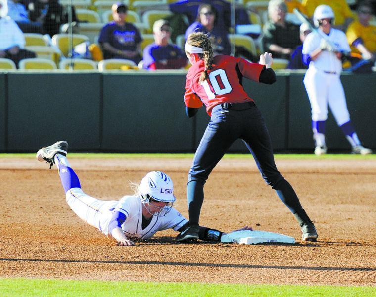 LSU senior outfielder Jacee Blades (23) slides into second base Saturday, Feb. 15, 2014 during the Tigers' 1-2 loss to South Alabama in Tiger Park.