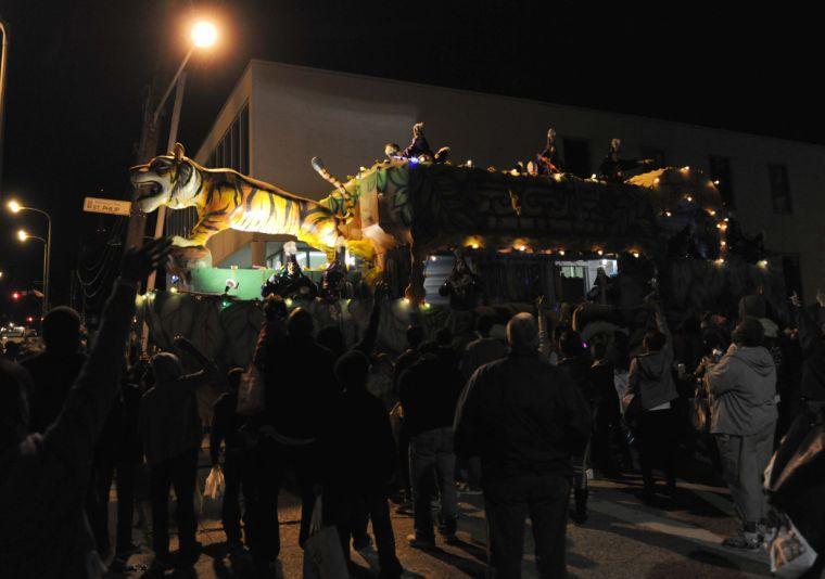 A float in the Krewe of Orion Mardi Gras Parade on Saturday night, Feb. 22, 2014 in downtown Baton Rouge.