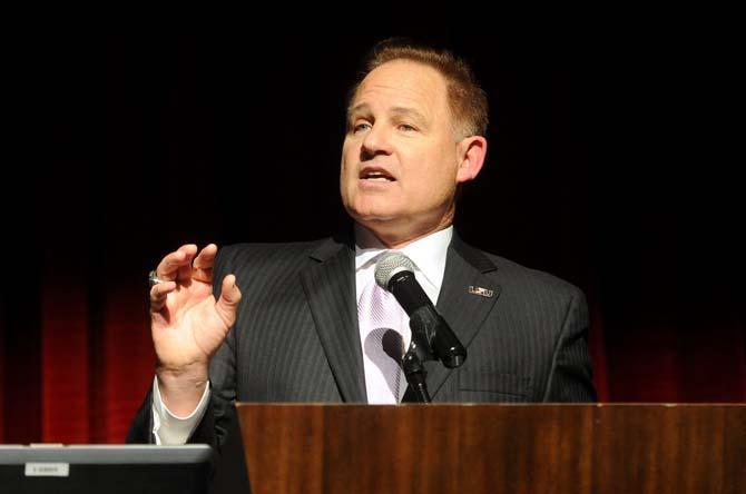 LSU head football coach Les Miles speaks to reporters Wednesday, Feb. 5, 2014 at Bayou Bash in L'Auberge Casino.