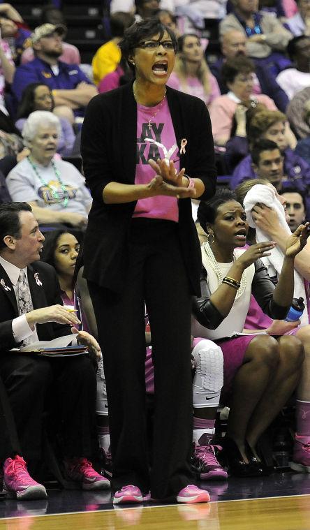 LSU head women's basketball coach Nikki Caldwell talks to her team Sunday, Feb. 16, 2014 during the Tigers' 57-73 loss to South Carolina in the PMAC