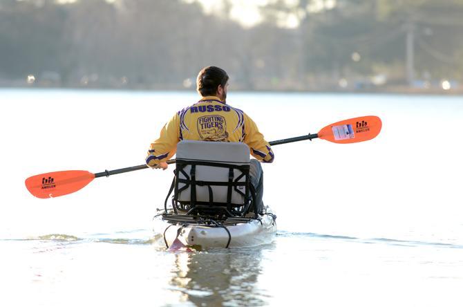 LSU Kayak Fishing Club member, Ryan Russo, paddles out in his Kayak on the Milford Wampold Memorial Park.