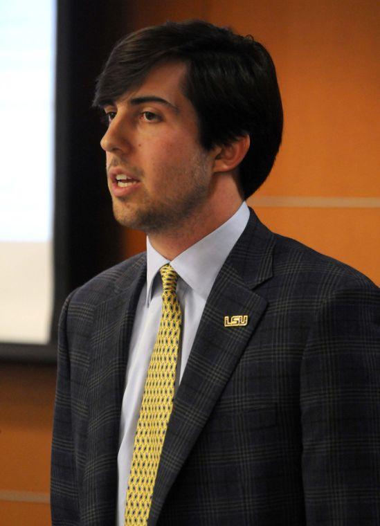 Student body president John Woodard speaks at the Student Government meeting Wednesday evening, February 12, 2014 in the LSU Student Union.