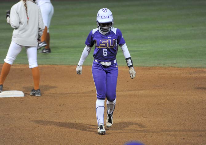 LSU junior outfielder A.J. Andrews walks back to the dugout Thursday, Feb. 6, 2014 after the 6-1 loss to Texas at Tiger Park.