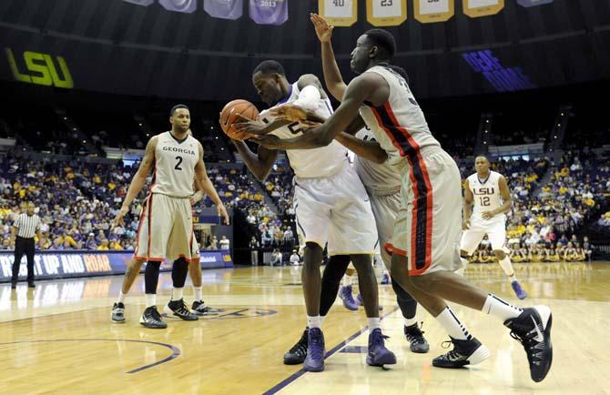 LSU senior forward Shavon Coleman (5) attempts to maintain control of the ball during the Tigers' 61-69 loss to Georgia in the PMAC.