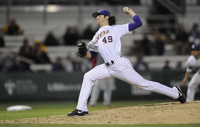 LSU junior left-handed pitcher Zac Person (49) prepares to pitch the ball towards home plate Wednesday, March 5, 2014 during the Tigers' 8-1 victory against Sacred Heart in Alex Box Stadium.