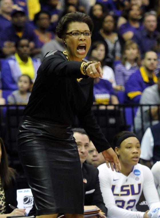 LSU women's basketball head coach Nikki Caldwell yells at her team Sunday, March 23, 2014, during the Tigers' 98-78 victory against Georgia Tech in the PMAC.