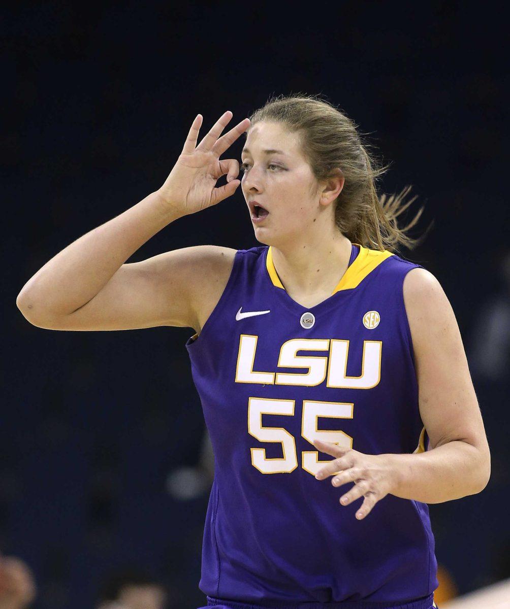 LSU forward Theresa Plaisance gestures after hitting a 3-point basket against Tennessee during the first half of an NCAA college basketball game in the quarterfinals of the Southeastern Conference women's tournament, Friday, March 7, 2014, in Duluth, Ga. (AP Photo/Jason Getz)