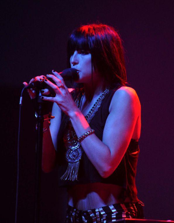 Sarah Barthel, one half of Phantogram, sings during their performance Saturday, March 22, 2014 at Buku Music + Art Project in New Orleans.