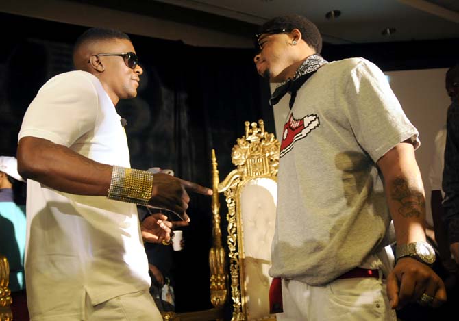 Torrence Hatch, also known as Lil Boosie, (left) poses with Webster Gradney, Jr., also known as Webbie, (right) Monday, March 10, 2014 during the Boosie Speaks press conference at The W Hotel in New Orleans.