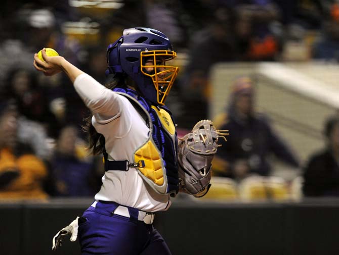 LSU freshman catcher Sahvanna Jaquish (2) throws the ball infield Saturday, Feb. 8, 2014 during the Tigers' 1-0 win against Oklahoma State in Tiger Park.