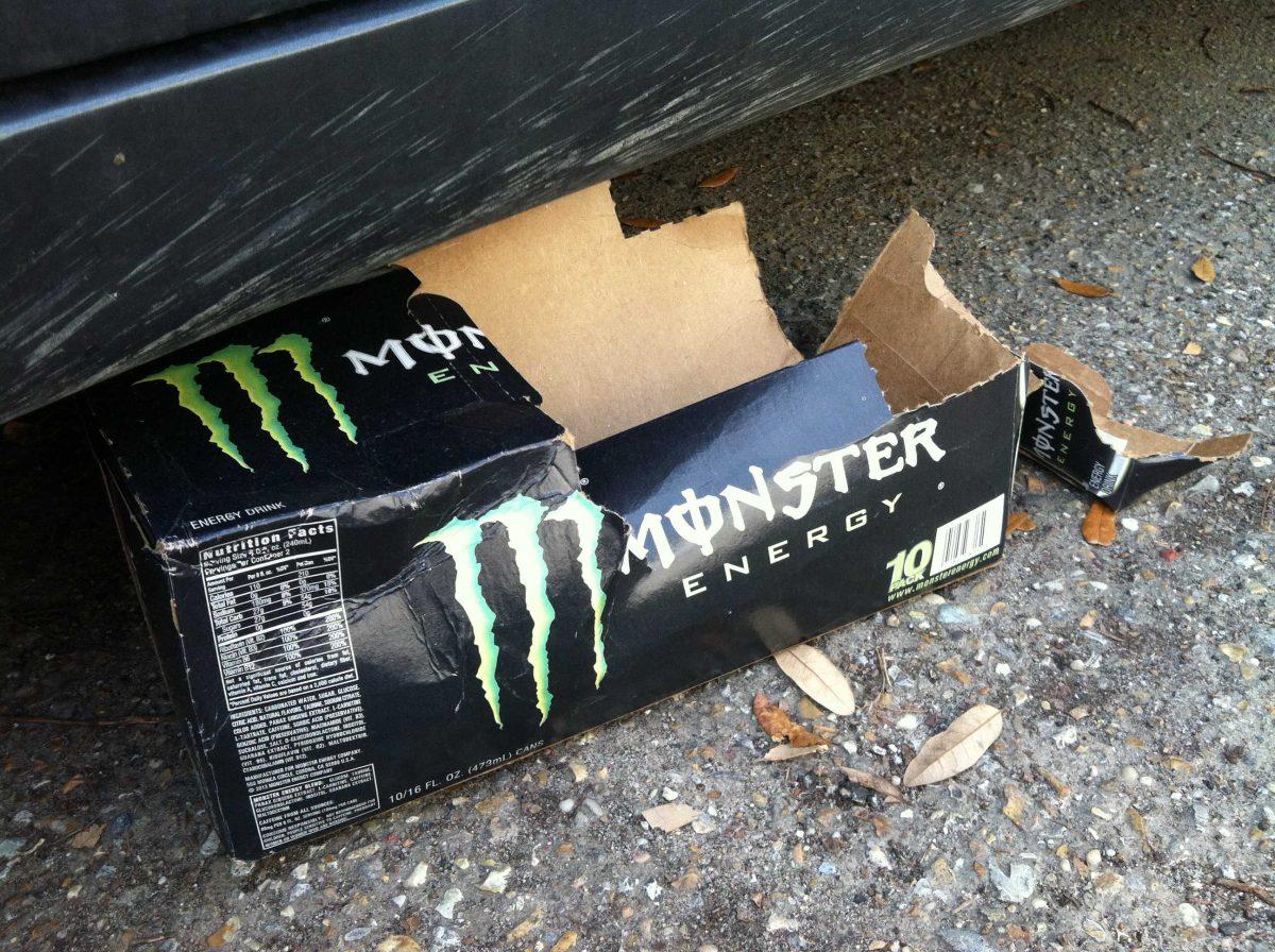 An empty Monster box serves as a reminder that these caffeinated beverages are being consumed everywhere.