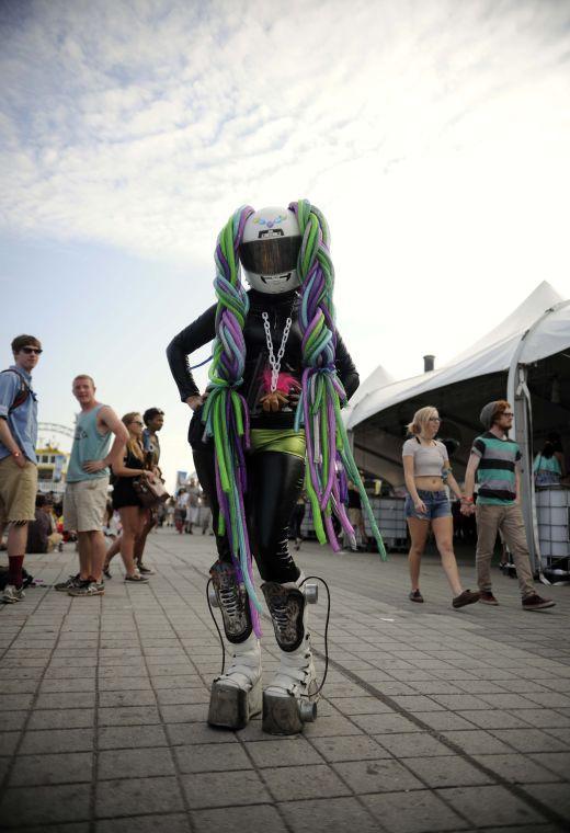 An attendee wears an intricate costume to Buku Music + Art Project on Saturday, March 22, 2014 at Mardi Gras World in New Orleans.