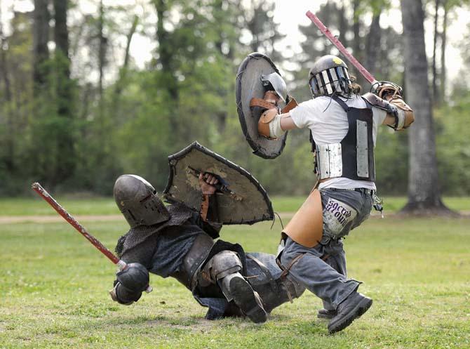 Fighters of Shire of Wyrmgeist hold practice Sunday, March 23, 2014, at Forest Community Park on South Harrell's Ferry Road located within the Kingdom of Gleann Abhann. The Shire of Wyrmgeist is the local branch for the Society for Creative Anachronism covering the Baton Rouge area.