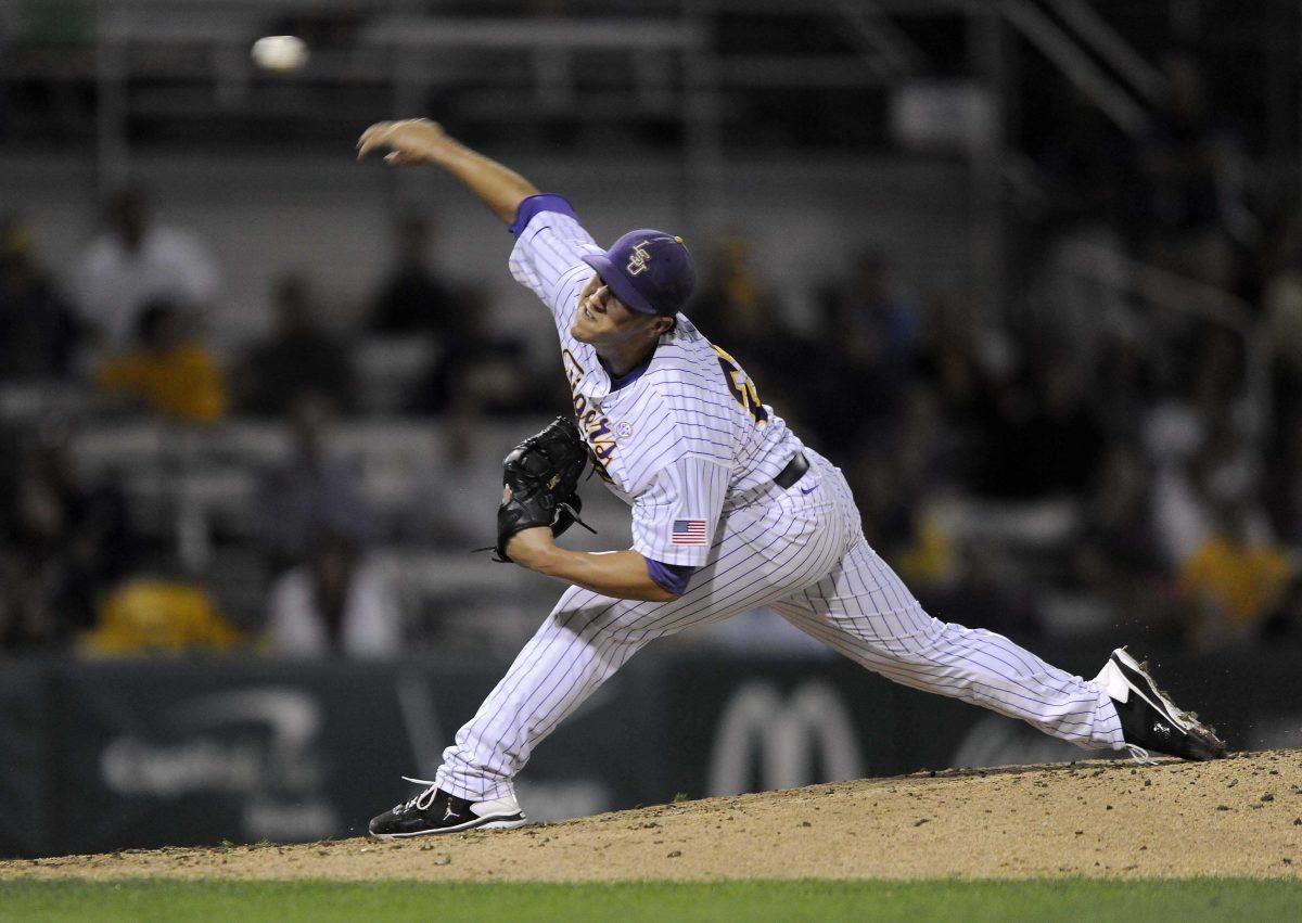 LSU senior pitcher Nate Fury (29) hurls the ball during the Tigers' 9-0 victory against Southern Alabama on Wednesday, March 19, 2014 at Alex Box Stadium.