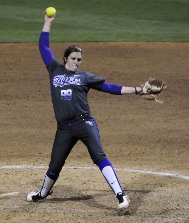 LSU senior pitcher Ashley Czechner (99) pitches the ball during the Lady Tigers' 3-2 victory against the Gators on March 15, 2014 at Tiger Park.