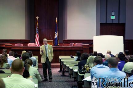 LSU law professor Gregory Smith conducts a mock class Monday at the undergraduate open house in the Paul M. Hebert Law Center&#8217;s McKernan Auditorium.