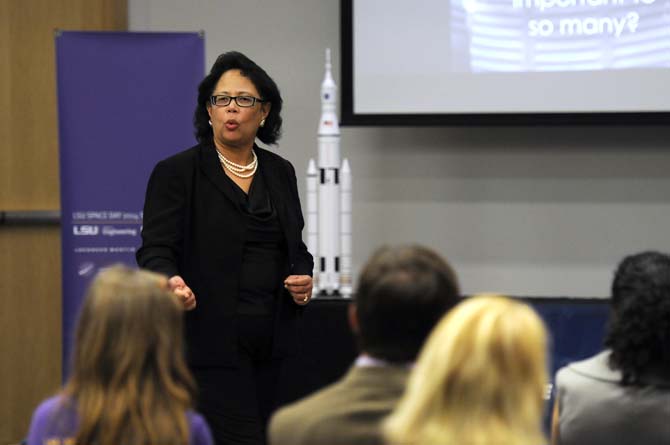 Wanda Sigur, vice president and deputy of civil space for Lockheed Martin Space Systems, speaks to a crowd Friday, march 28, 2014, in Patrick F. Taylor Hall.