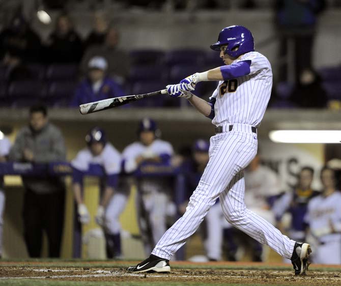 LSU junior first baseman Conner Hale (20) prepares to hit the ball Wednesday, March 5, 2014 during the Tigers' 8-1 victory against Sacred Heart in Alex Box Stadium.