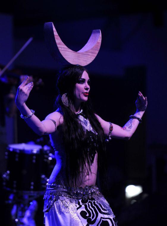 Zoe Jakes of Beats Antique belly dances to the music during Buku Music + Art Project on Saturday, March 22, 2014 at Mardi Gras World in New Orleans.