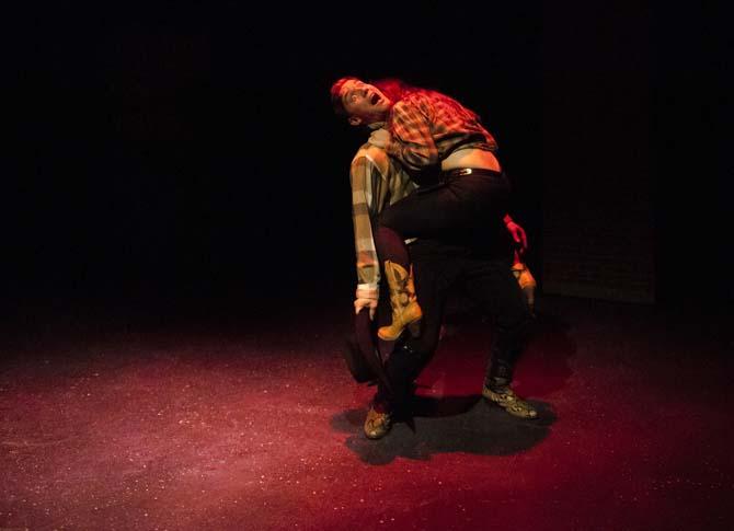 A cowboy, played by theatre junior Scott Mitchell, is bitten by a vampire Sunday during a dress rehersal of "Vampire Cowyboy" in the Music and Dramatic Arts Building.