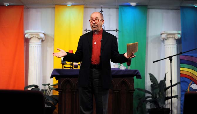 Reverend Keith Mozingo speaks about marriage equality Wednesday, June 26, 2013 at the Metropolitan Community Church.