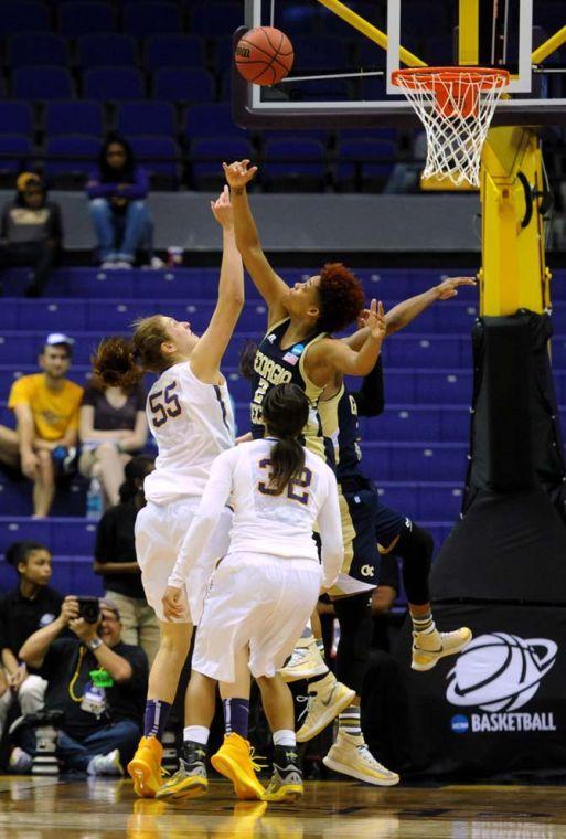 LSU senior forward Theresa Plaisance (55) attempts to get a rebound Sunday, March 23, 2014, during the Tigers' 98-78 victory against Georgia Tech in the PMAC.
