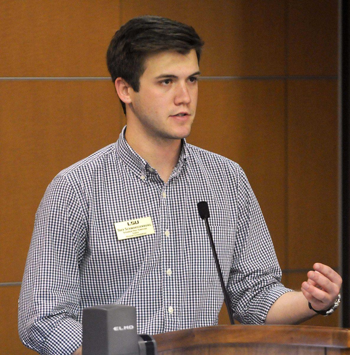 Speaker Pro Tempore Schwartzenburg speaks during the Student Government meeting Wednesday night, March 12, 2014 in the LSU Student Union.