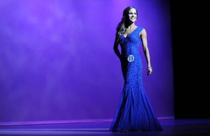 LSU Mass Communication major Deandra DeNapoli shows off her evening gown Sunday, March 23, 2014, at the Miss LSU-USA pageant in the Union Theatre.